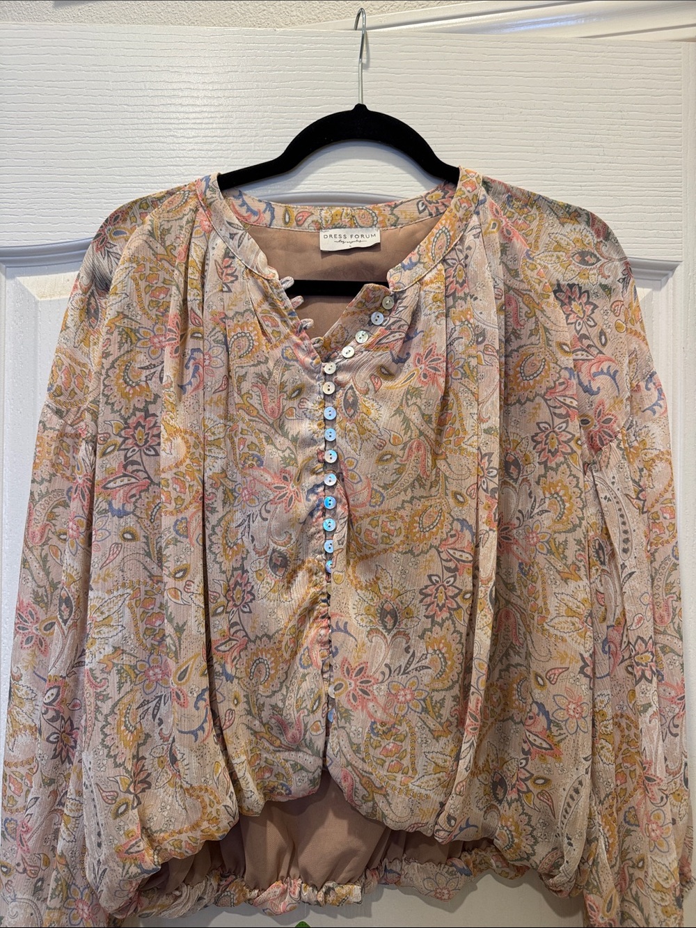 Dress Forum Sheer Paisley Button Blouse in Peach and Pink